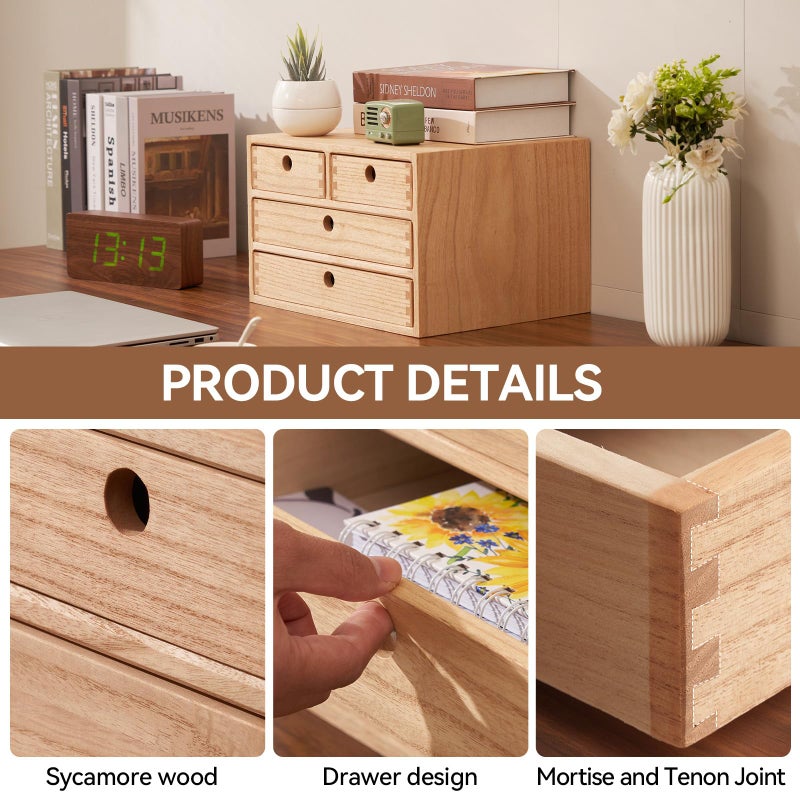 Kirigen Natural Wood Desktop Organizers with Drawers - Home Workspace Office Supplies Wooden Storage Box Shelf Case - Hold Makeup Box (NA, 3-Layer &4 Drawers) - Image 4
